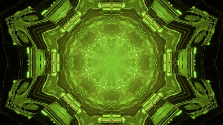 4k三维插图抽象背景科幻装饰隧道与绿色照明隧道三维渲染几何