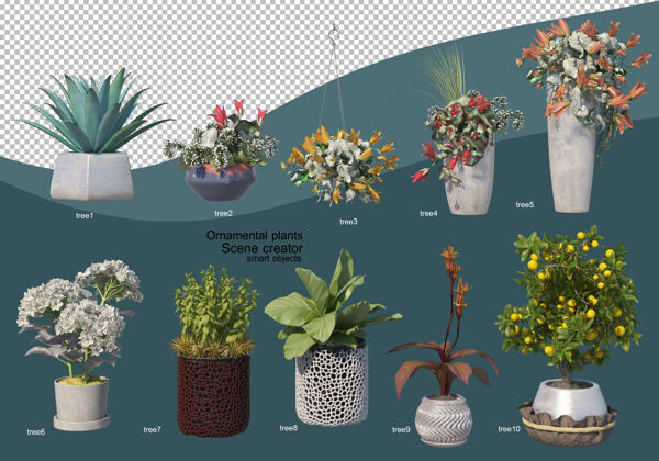 植物各种装饰布置的3d渲染花卉收藏装饰