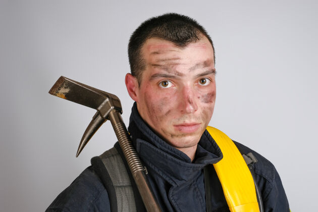 工作特写一张身穿消防员制服和撬棍工具的年轻勇士的脸服务工具家伙