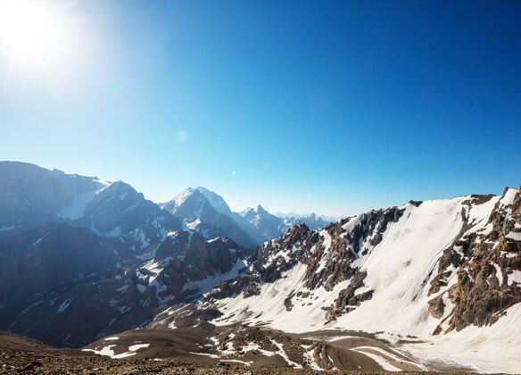 高山美丽的风景芬斯山 塔吉克斯坦山蓝色顶部