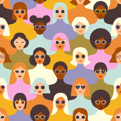 人物不同种族 不同图案的女性多样化面孔创意无缝妇女节