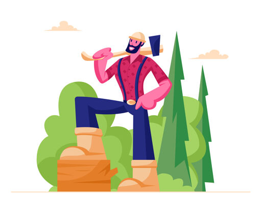 立场留着胡子的伐木工人 穿着格子衬衫 肩上扛着斧头 站在森林里的木头上牛仔裤人工作