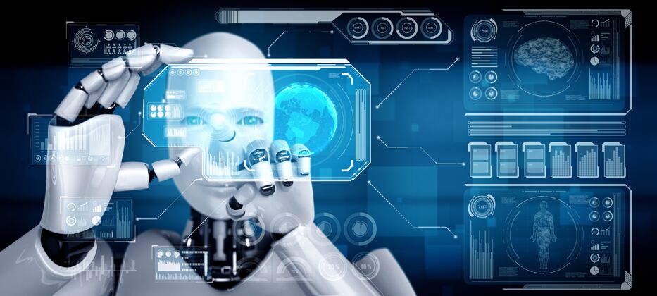 接口仿人机器人手持hud全息屏在人工智能概念中思考大脑仪表板机械金融