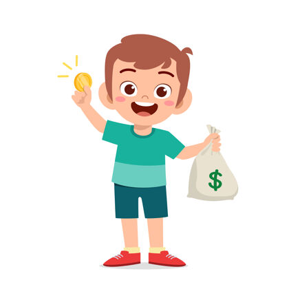 包可爱的小男孩拎着一袋现金和硬币赚经济现金