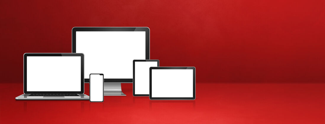 平板电脑电脑 笔记本电脑 手机和数字平板电脑-红色办公桌横幅三维插图技术移动场景