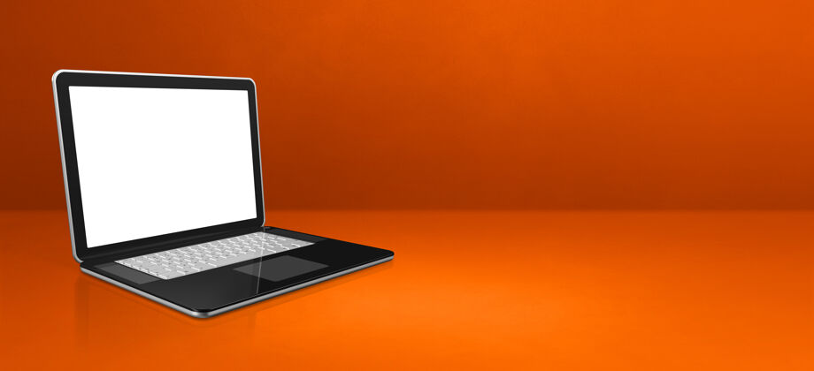 数码笔记本电脑上的橙色办公场景背景横幅3d插图笔记本现代移动