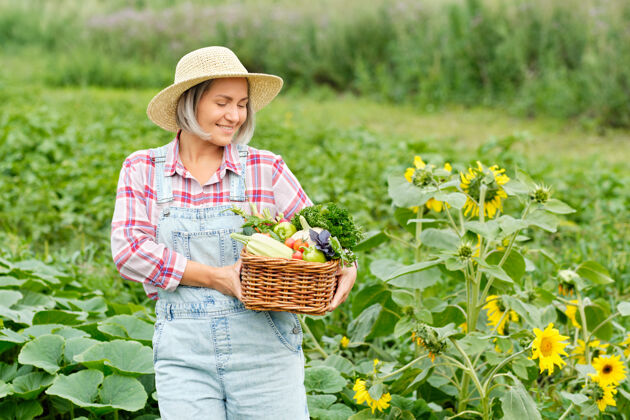 混合女人手里拿着一篮子丰收的有机蔬菜和根上的有机生物农场.秋天蔬菜收获小胡瓜蔬菜洋葱