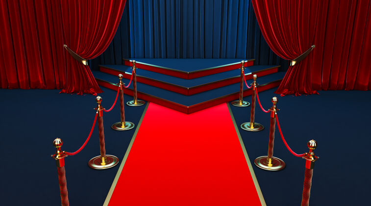 荣耀现实的红地毯和基座与障碍栅栏和天鹅绒绳奖项首映式优雅