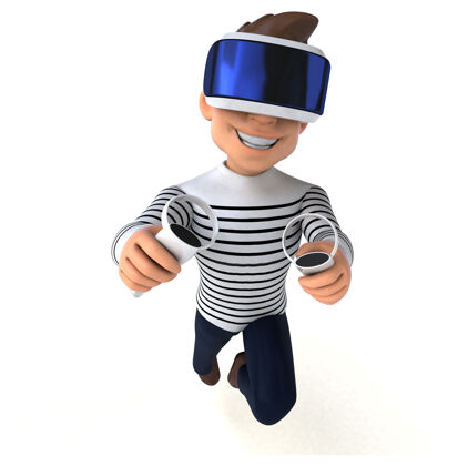 头盔一个卡通男子与虚拟现实头盔有趣的插图游戏虚拟现实3d