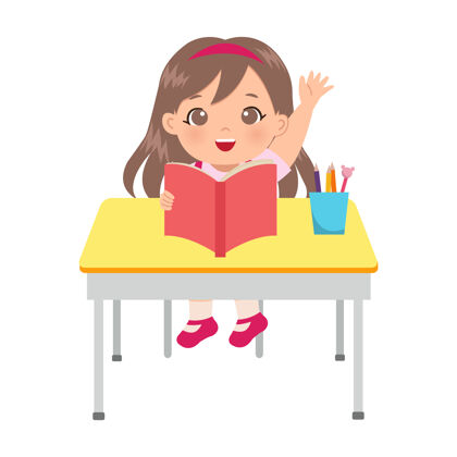 桌子可爱的女孩在课堂上举手回答问题孩子角色铅笔