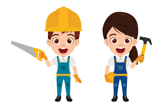 劳工快乐可爱聪明的孩子男孩和女孩的性格穿着建筑工人服装与欢快的表情与工具锤隔离女人工人建筑工人