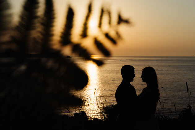 日落海滩上夕阳下一对相爱的情侣的剪影自然太阳天空