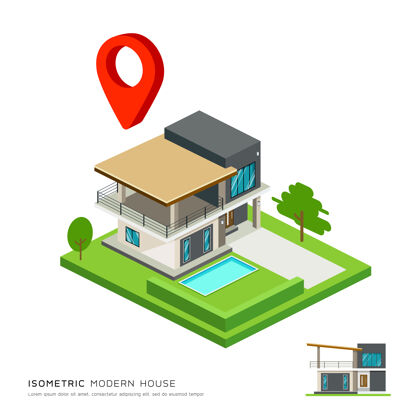 建筑现代房屋等距图与红点地图现代房屋外观房屋
