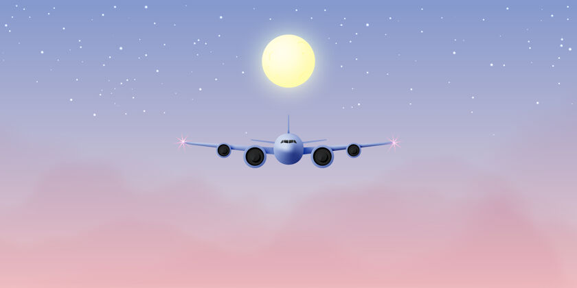 周围飞机窗口与美丽的夜空和星星背景插图卡通云目的地