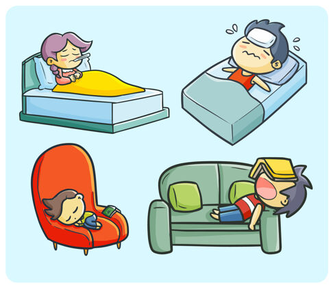 世界健康女孩和男孩睡着了 因为疲劳和生病在简单的涂鸦风格不适卡瓦伊卡通插图
