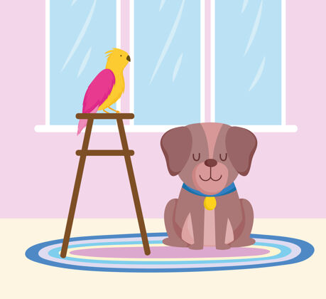 吉祥物宠物狗和鹦鹉在椅子上卡通矢量插图单位狗鹦鹉