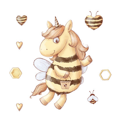蜂巢卡通独角蜂蜜套装水彩画插图动物蜜蜂心