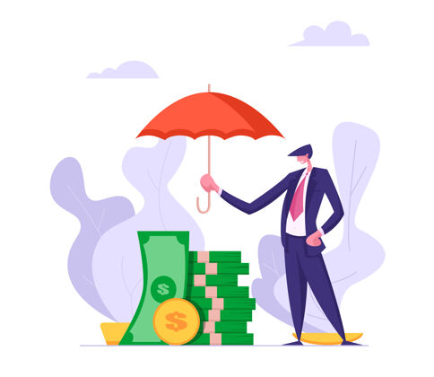 银行金钱保险概念与商人撑伞插图符号担保符号