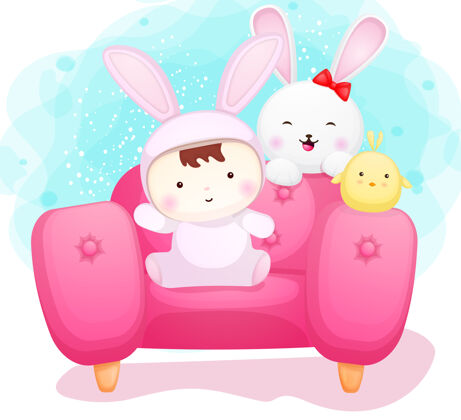 装饰可爱的宝宝在兔子服装和沙发上的朋友涂鸦朋友动物