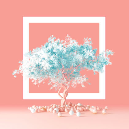 创意3d渲染的最小干净的设计理念 一个松树松软的蓝色树冠隔离在一个浅粉红色的桃子背景光环形对象