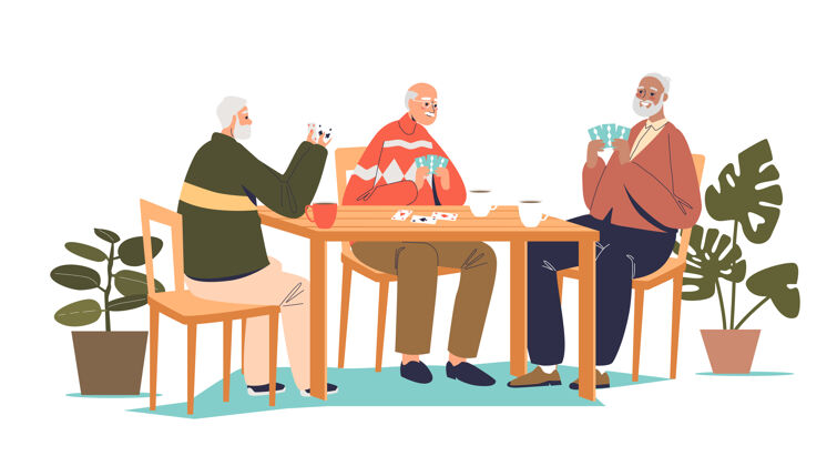 退休一群年长的男人一起坐在桌边打牌友谊朋友老年人