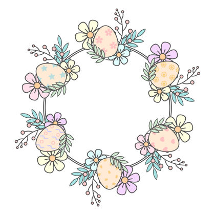 鸡蛋复活节彩蛋和鲜花圆框叶简单花