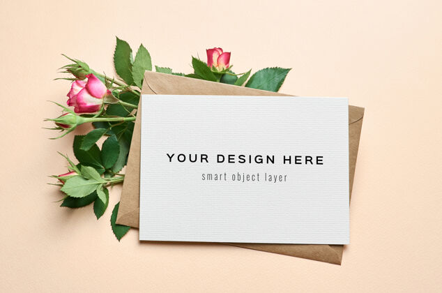 玫瑰贺卡模型与信封和玫瑰花设计浪漫女人纸