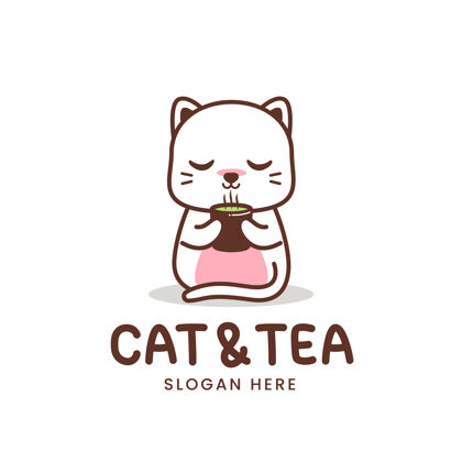 人物白猫和茶的标志隔离在白色上标志猫茶