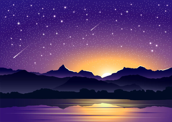 黎明背景山上夜空的美妙构图星星风景蓝色