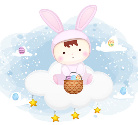 坐着可爱的小宝宝穿着小兔子的衣服坐在云端与复活节彩蛋卡通人物孩子兔子鸡蛋