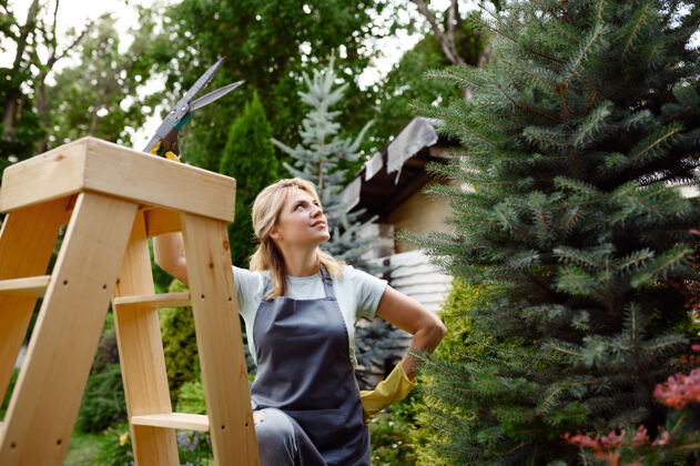 围裙带着修剪器的漂亮女人爬上楼梯花园女园丁照顾室外植物 园艺爱好女孩铲子扫帚