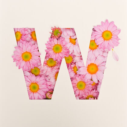 字体字体设计 抽象字母字体与粉红色的花 现实的花卉排版-w植物字符花字体