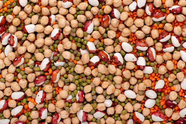 鹰嘴豆混合干豆类和谷类背景 顶部查看健康营养食品理念品种大豆顶视图