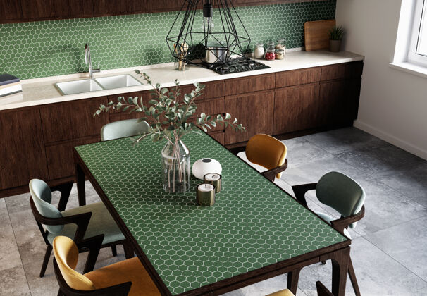 水槽现代餐厅的内部有六角形绿色马赛克后挡板和灰色瓷砖渲染瓷砖木材