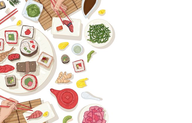 手绘背景是满桌的日本传统食物 手拿寿司 生鱼片和筷子卷芥末亚洲餐饮