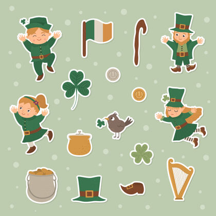 圣帕特里克节圣帕特里克日套装贴纸.国家爱尔兰假日符号可爱有趣的小妖精穿着绿色的衣服 三叶草和传统的物品节日三叶草黄金