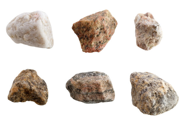 自然一套不同品种的石头隔离在白色的表面岩石砾石细节