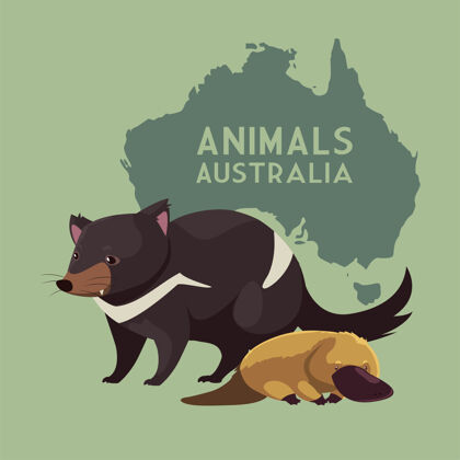 生活塔斯马尼亚魔鬼和鸭嘴兽澳大利亚大陆地图动物野生动物插图澳大利亚卡通景观