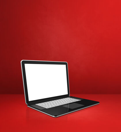 复制空间笔记本电脑上的红色办公室场景背景三维插图银色技术笔记本电脑