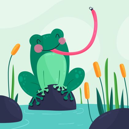 自然可爱的平面设计青蛙插图平面设计野生动物绿色