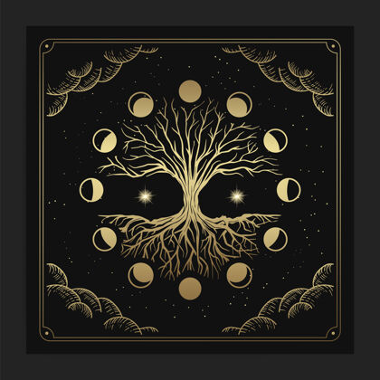 手绘神奇神圣的生命之树与月相装饰豪华手绘风格天空奢华波希米亚