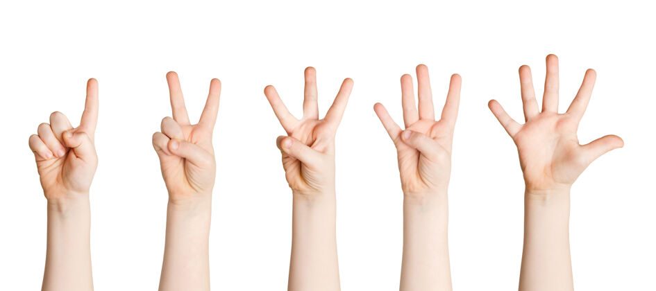女孩一套孩子的手显示数字计数孤立特写手手语
