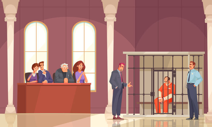 法庭法律正义与室内法庭景观和审判陪审团的人性化笼子囚犯组成构图笼子监狱