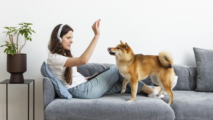 房子女人在她的狗旁边试图集中注意力生活方式感情主人
