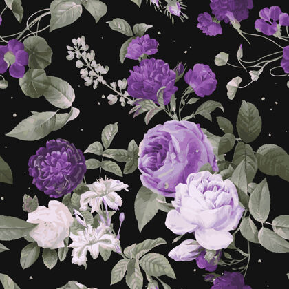 植物紫玫瑰复古水彩图案叶法国玫瑰紫色花
