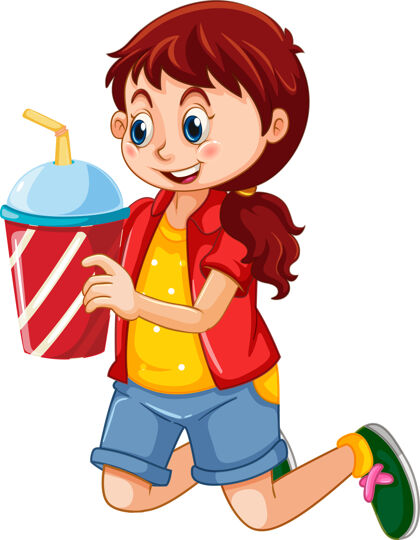 系列一个可爱的女孩拿着饮料杯卡通人物隔离在白色人动作学校