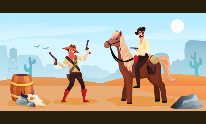 马狂野的西部彩色卡通插图牛仔骑马与歹徒举行两枪会议野生持有西
