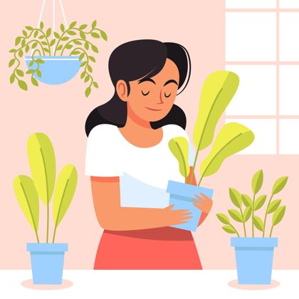 社会照顾植物的扁女人照顾自然平面设计