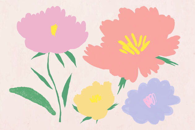 花卉可爱的粉彩花卉植物插图混合涂鸦收集