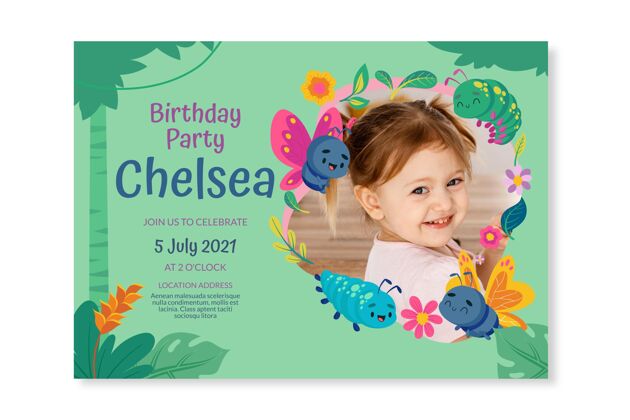 生日模板卡通蝴蝶生日请柬与照片模板准备打印孩子生日聚会卡通
